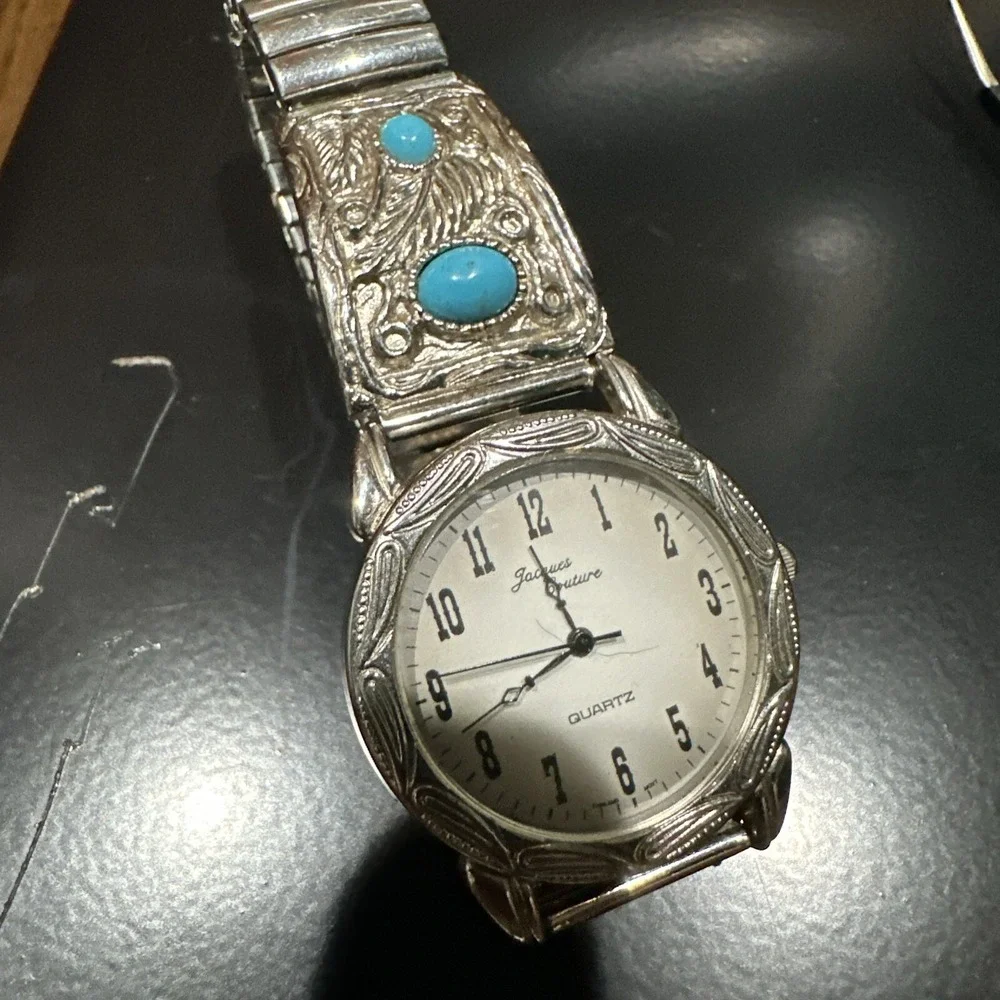 Working Jacques Couture Woman's Watch Quartz Blue Stones Silver Band 35mm Fit 7